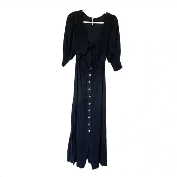 Free People String of Hearts Front Tie Button Down Maxi Dress | Black | … - Picture 4 of 11